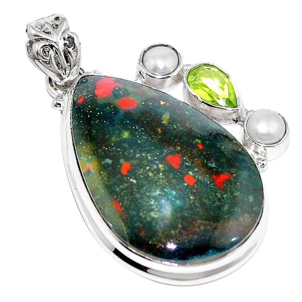 Natural green bloodstone african (heliotrope) 925 silver pendant m14818