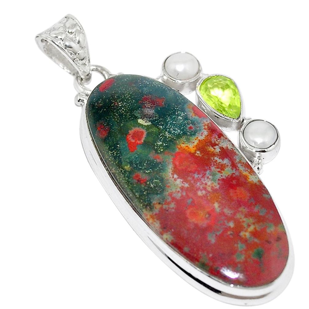 Natural green bloodstone african (heliotrope) peridot 925 silver pendant m14833