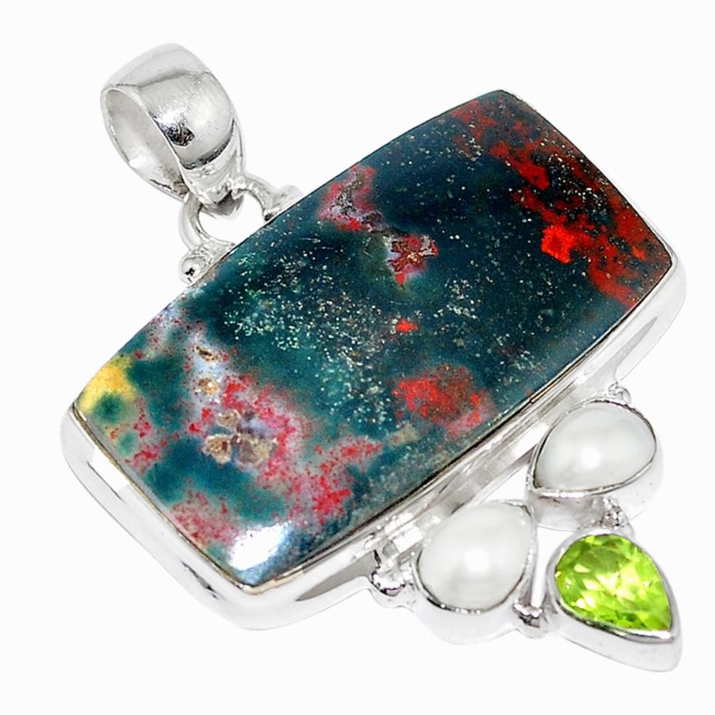 Natural green bloodstone african (heliotrope) peridot 925 silver pendant m14836