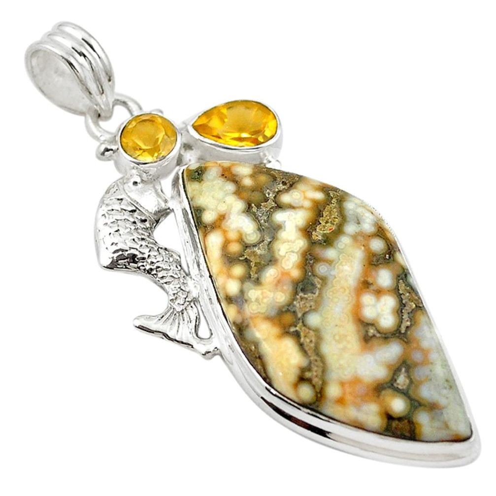 Natural multi color ocean sea jasper (madagascar) 925 silver fish pendant m14872