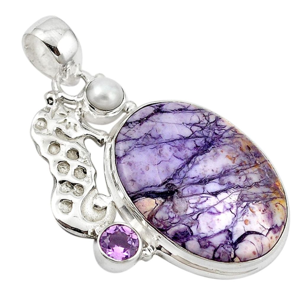 Natural purple tiffany stone pearl 925 silver seahorse pendant m14951
