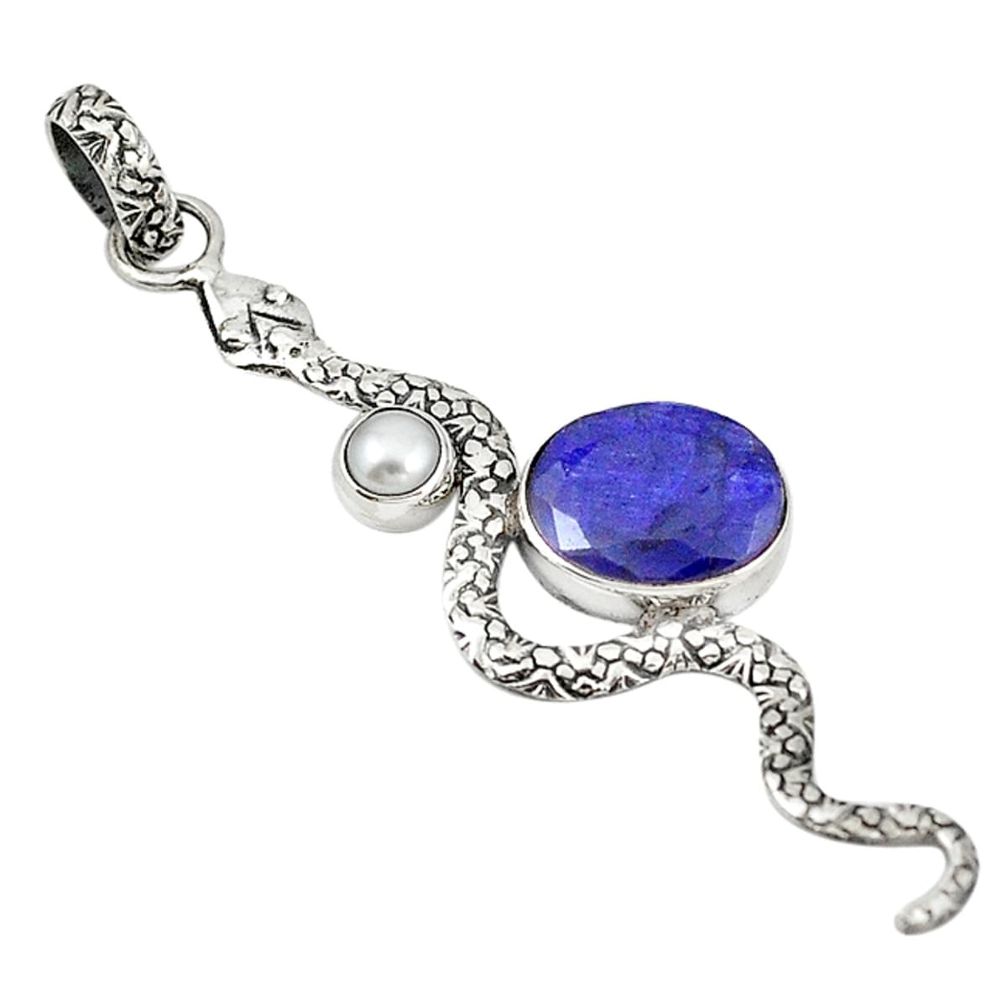 Natural blue sapphire pearl 925 sterling silver snake pendant m15521
