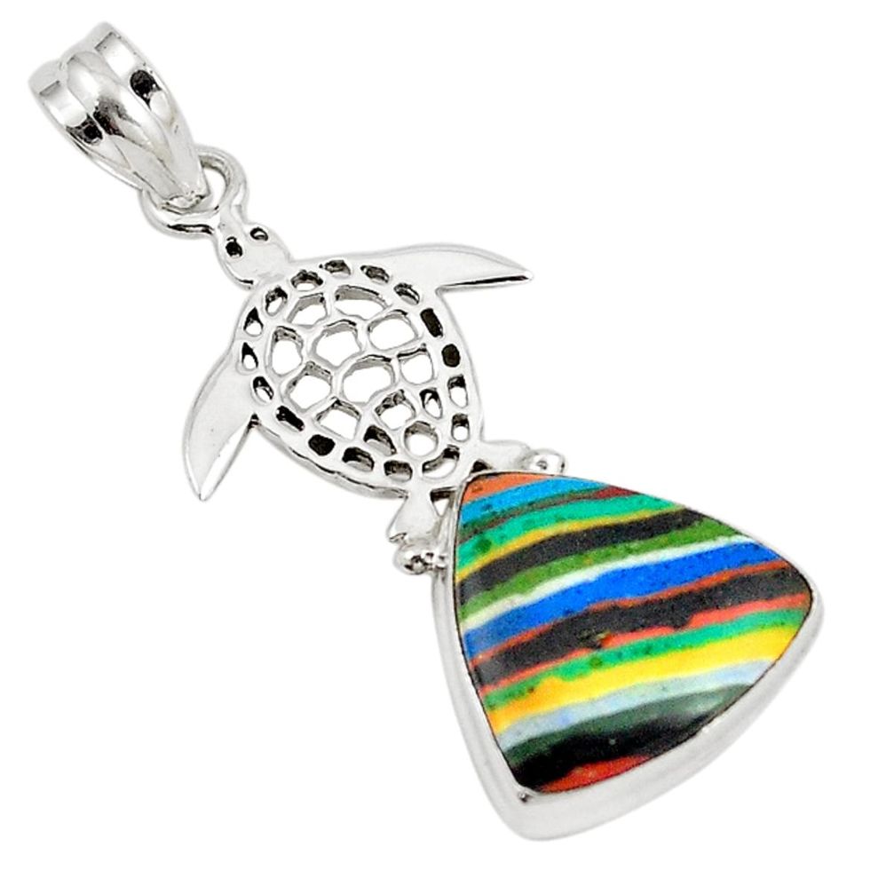 Natural multi color rainbow calsilica 925 silver turtle pendant m15564