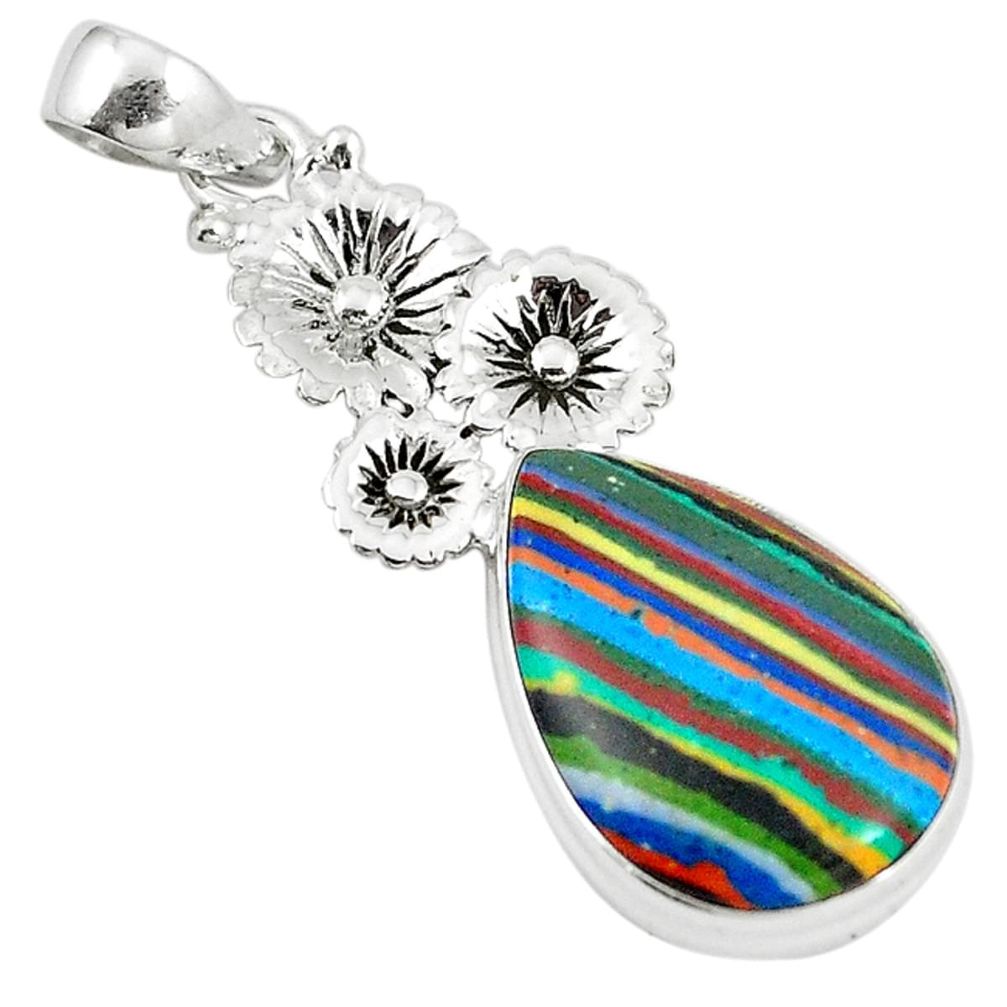 925 silver natural multi color rainbow calsilica pear flower pendant m15565
