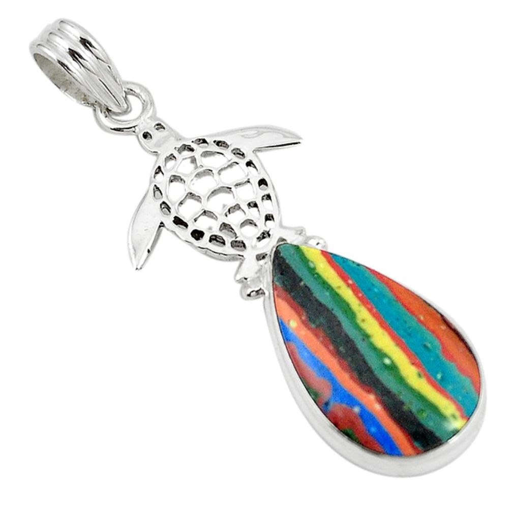 Natural multi color rainbow calsilica 925 silver turtle pendant m15569