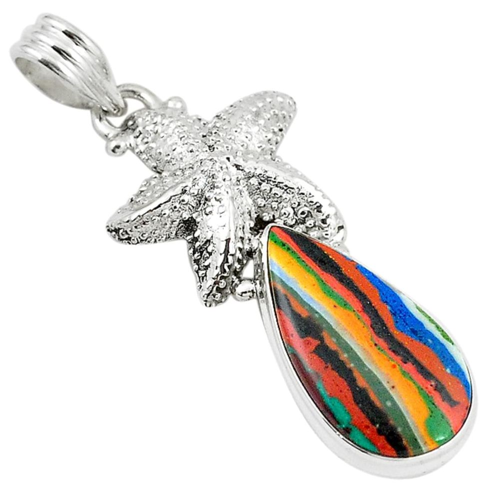 Natural multi color rainbow calsilica 925 silver star fish pendant m15572