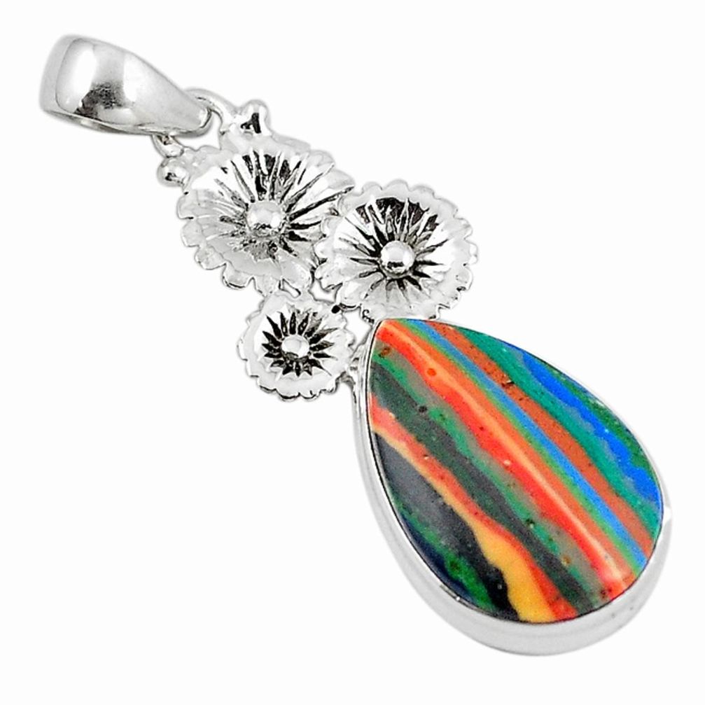 Natural multi color rainbow calsilica 925 silver flower pendant m15573