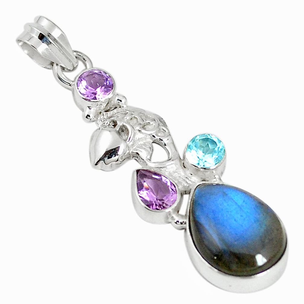 Natural blue labradorite amethyst topaz 925 silver fish pendant m16822