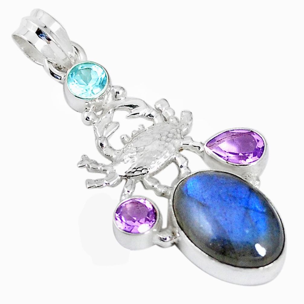 Natural blue labradorite amethyst topaz 925 silver crab pendant m16829