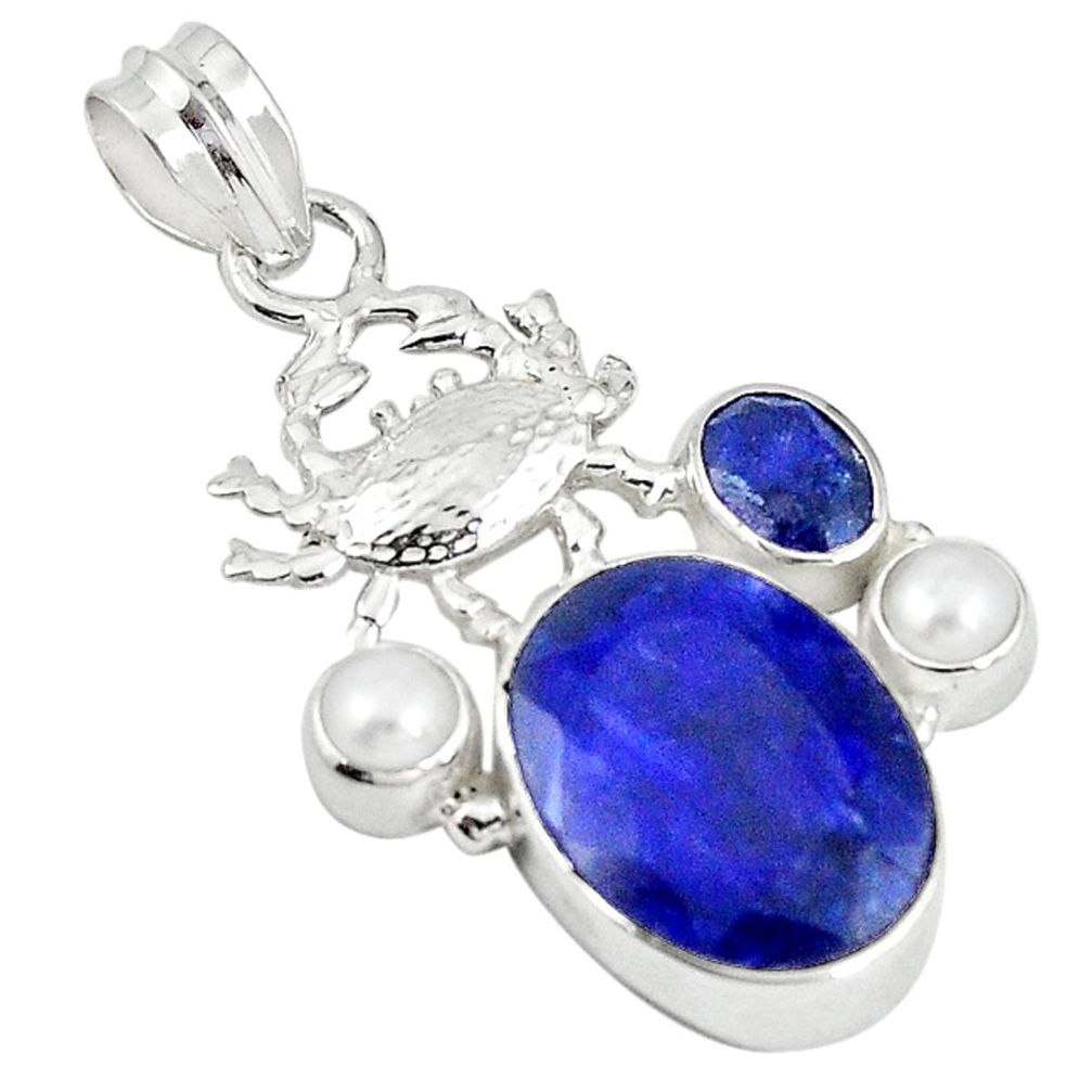 Natural blue sapphire white pearl 925 sterling silver crab pendant m16861