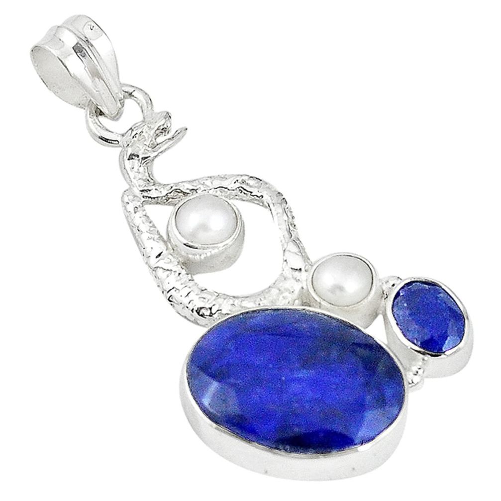 Natural blue sapphire white pearl 925 sterling silver snake pendant m16868