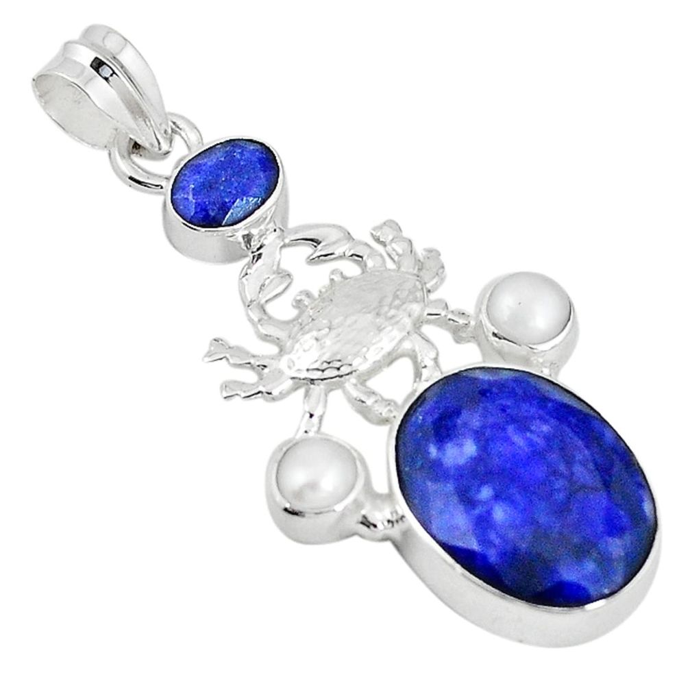 Natural blue sapphire pearl 925 sterling silver crab pendant m16869