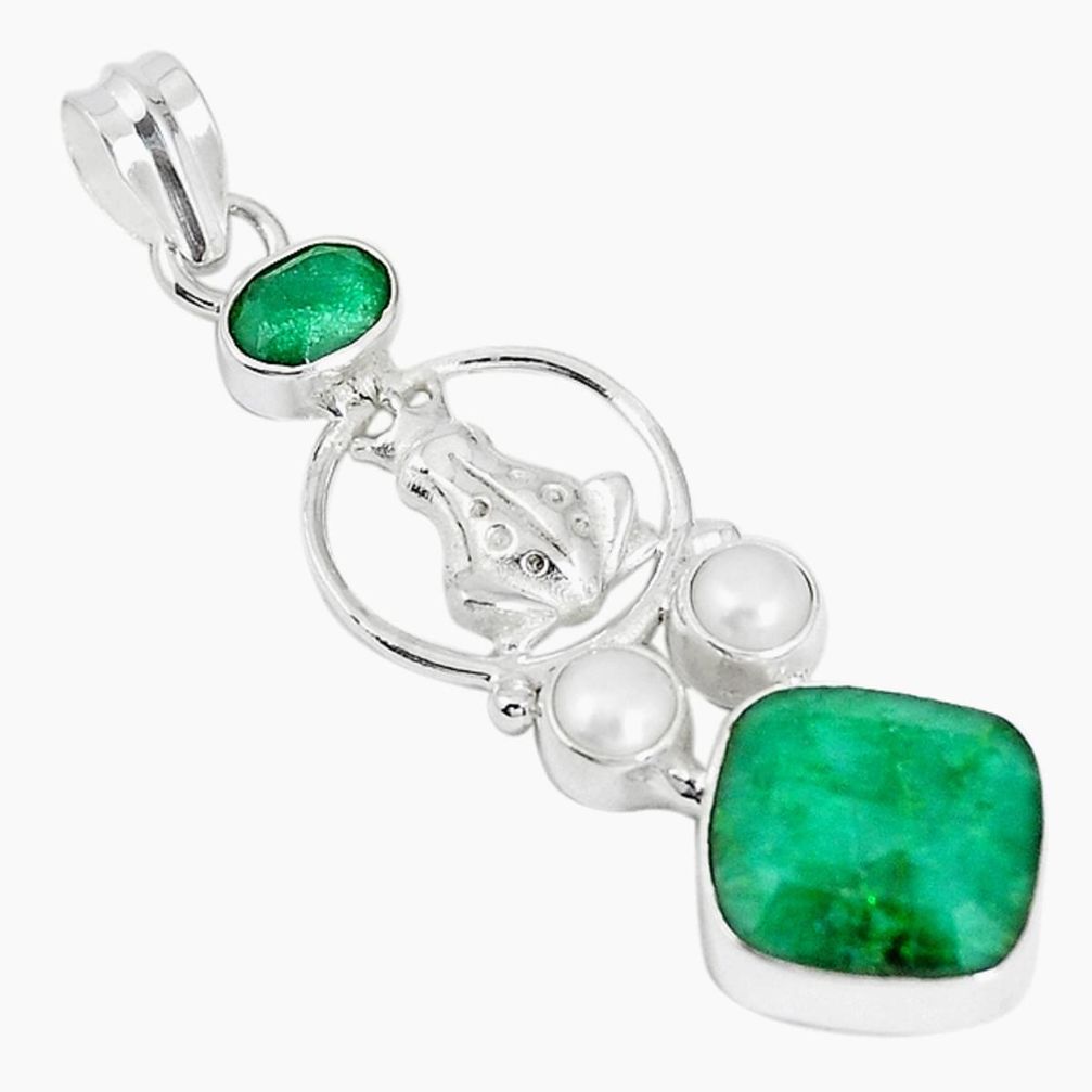 Natural green emerald pearl 925 sterling silver frog pendant m16912