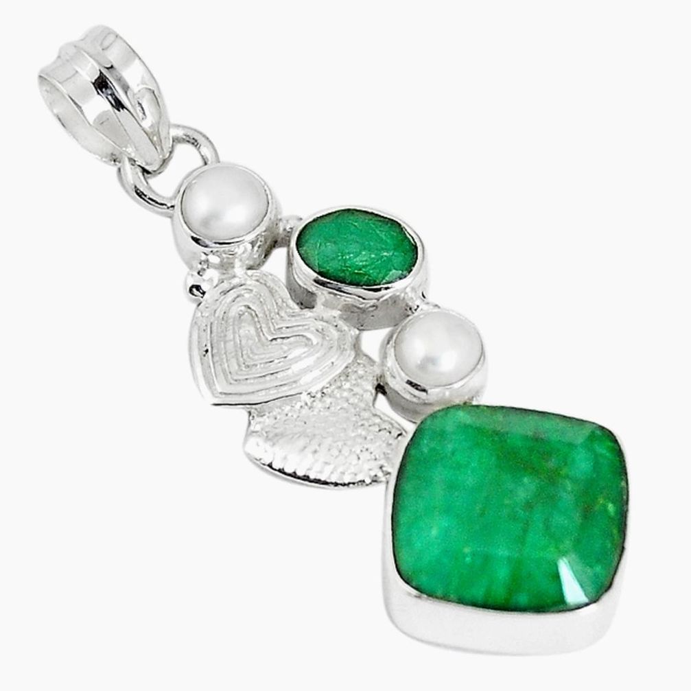 Natural green emerald pearl 925 silver couple hearts pendant m16915