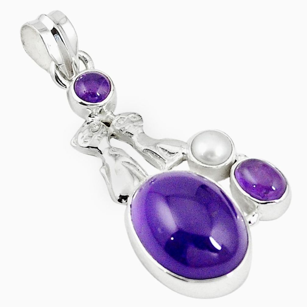 925 silver natural purple amethyst white pearl two cats pendant m16930