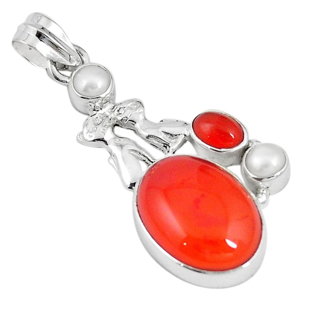 Natural orange cornelian (carnelian) 925 silver two cats pendant m16968