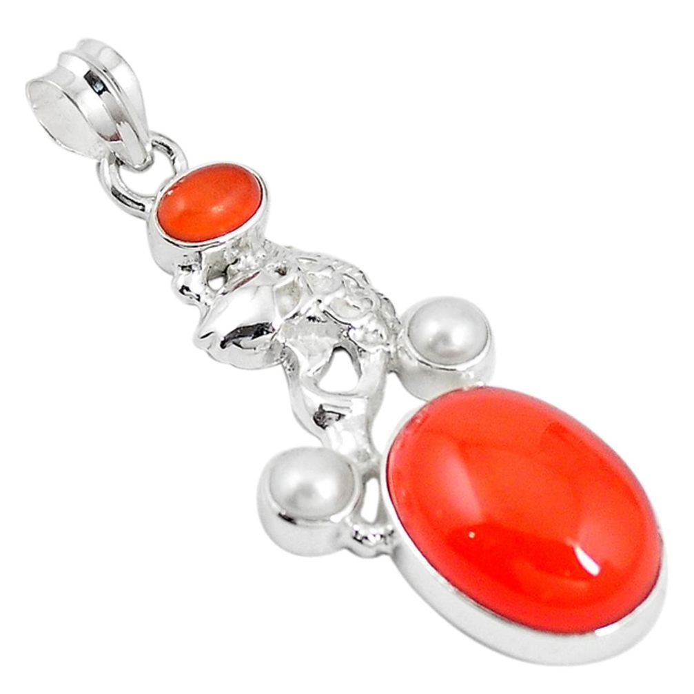 Natural orange cornelian (carnelian) 925 silver fish pendant m16976