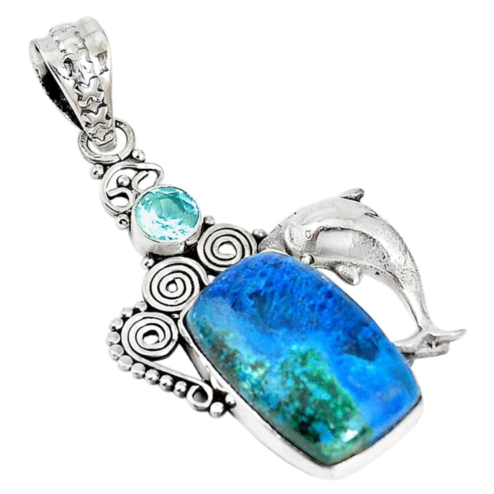 Natural blue shattuckite topaz 925 sterling silver dolphin pendant m17009