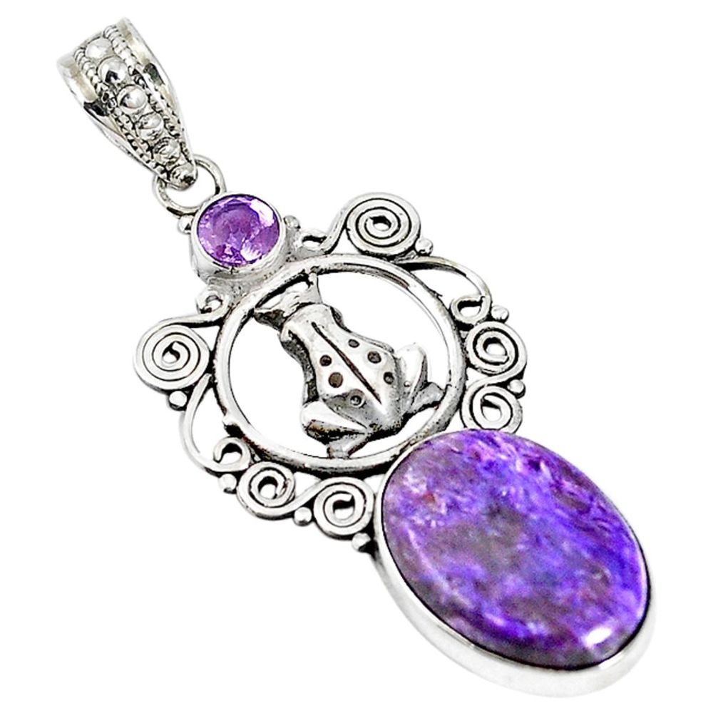 Natural purple charoite (siberian) 925 silver frog pendant jewelry m17014