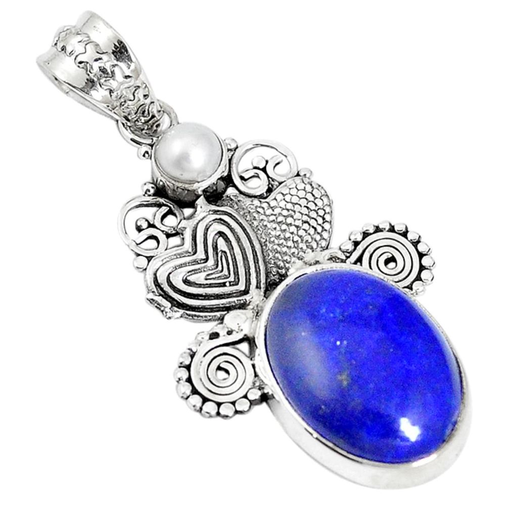 Natural blue lapis lazuli white pearl 925 silver couple hearts pendant m17076