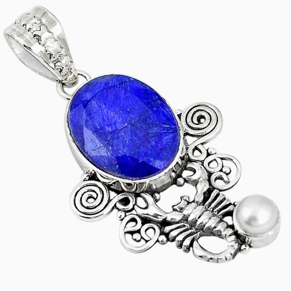 Natural blue sapphire pearl 925 sterling silver scorpion pendant m17095