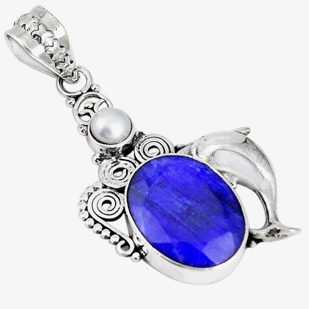 925 sterling silver natural blue sapphire white pearl dolphin pendant m17096