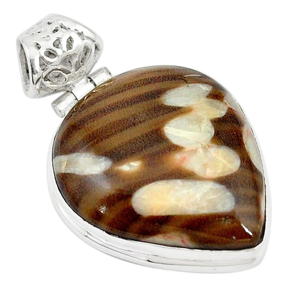 925 silver natural brown peanut petrified wood fossil pear pendant m17800