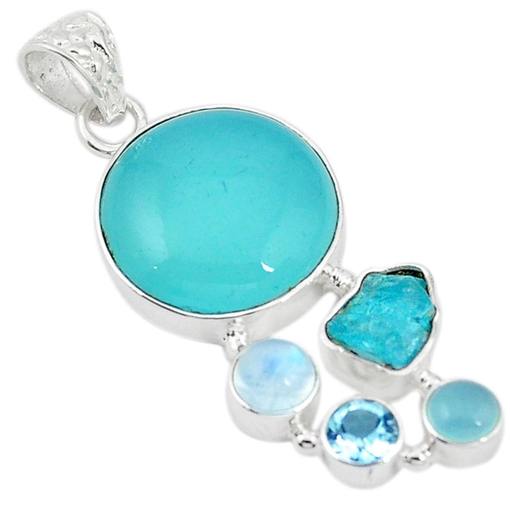 Natural aqua chalcedony aquamarine rough topaz 925 silver pendant m17859