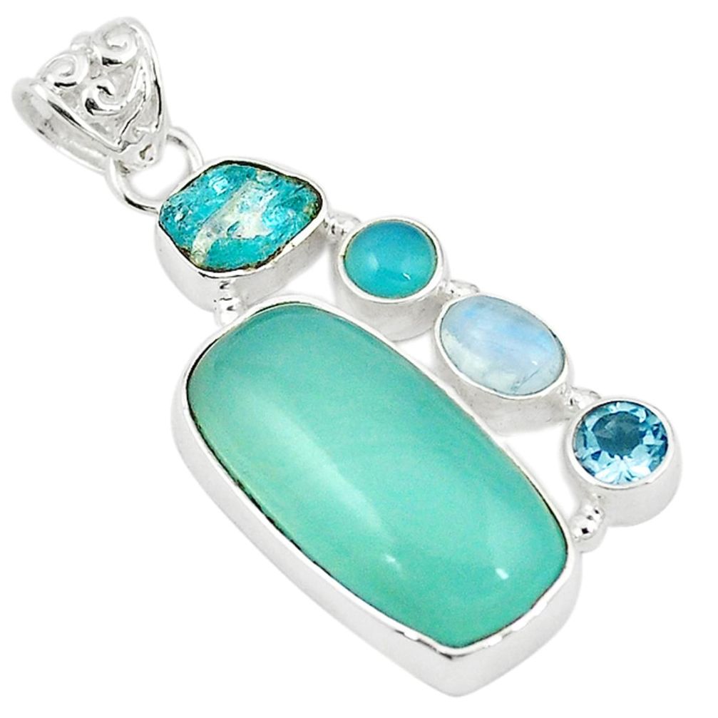 Clearance Sale-Natural aqua chalcedony aquamarine rough topaz 925 silver pendant m17861