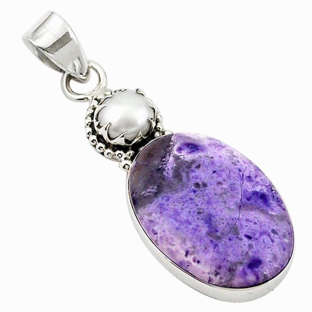 Natural purple tiffany stone white pearl 925 sterling silver pendant m20388