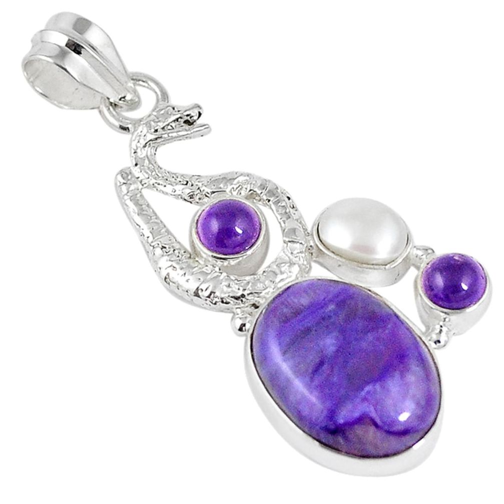 Natural purple charoite (siberian) pearl 925 silver snake pendant m20767