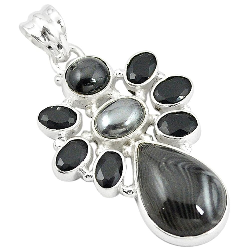 Natural black psilomelane (crown of silver) 925 silver pendant m21528