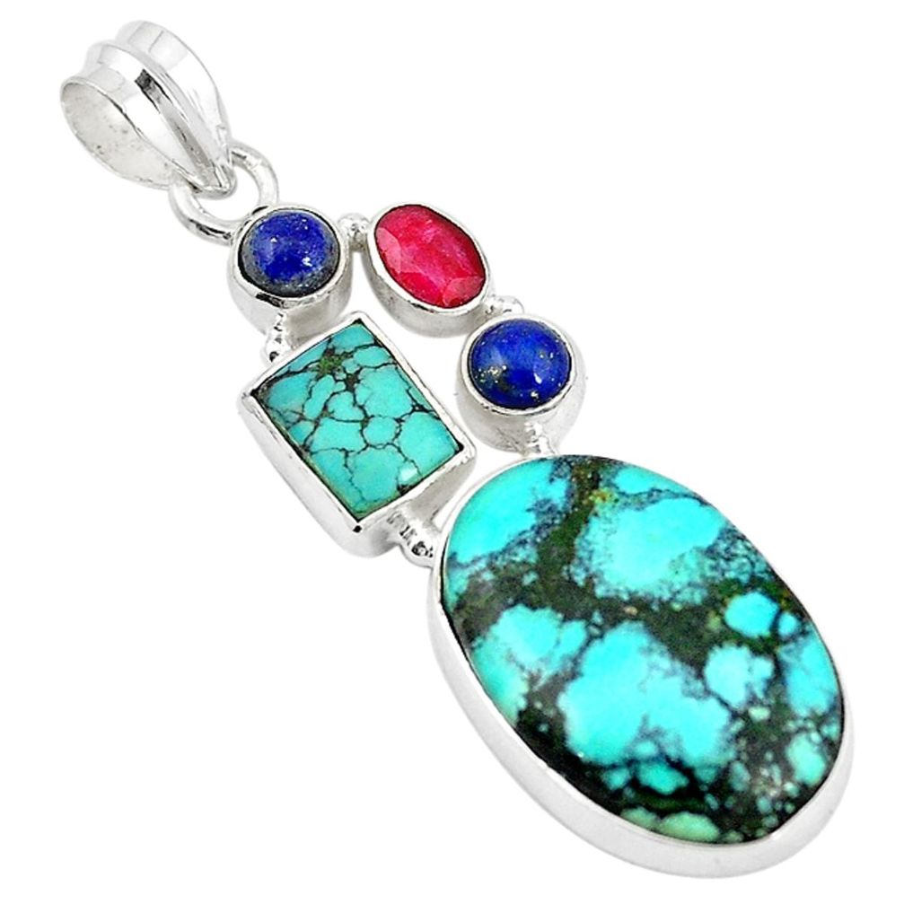 Natural green turquoise tibetan ruby lapis 925 sterling silver pendant m21568