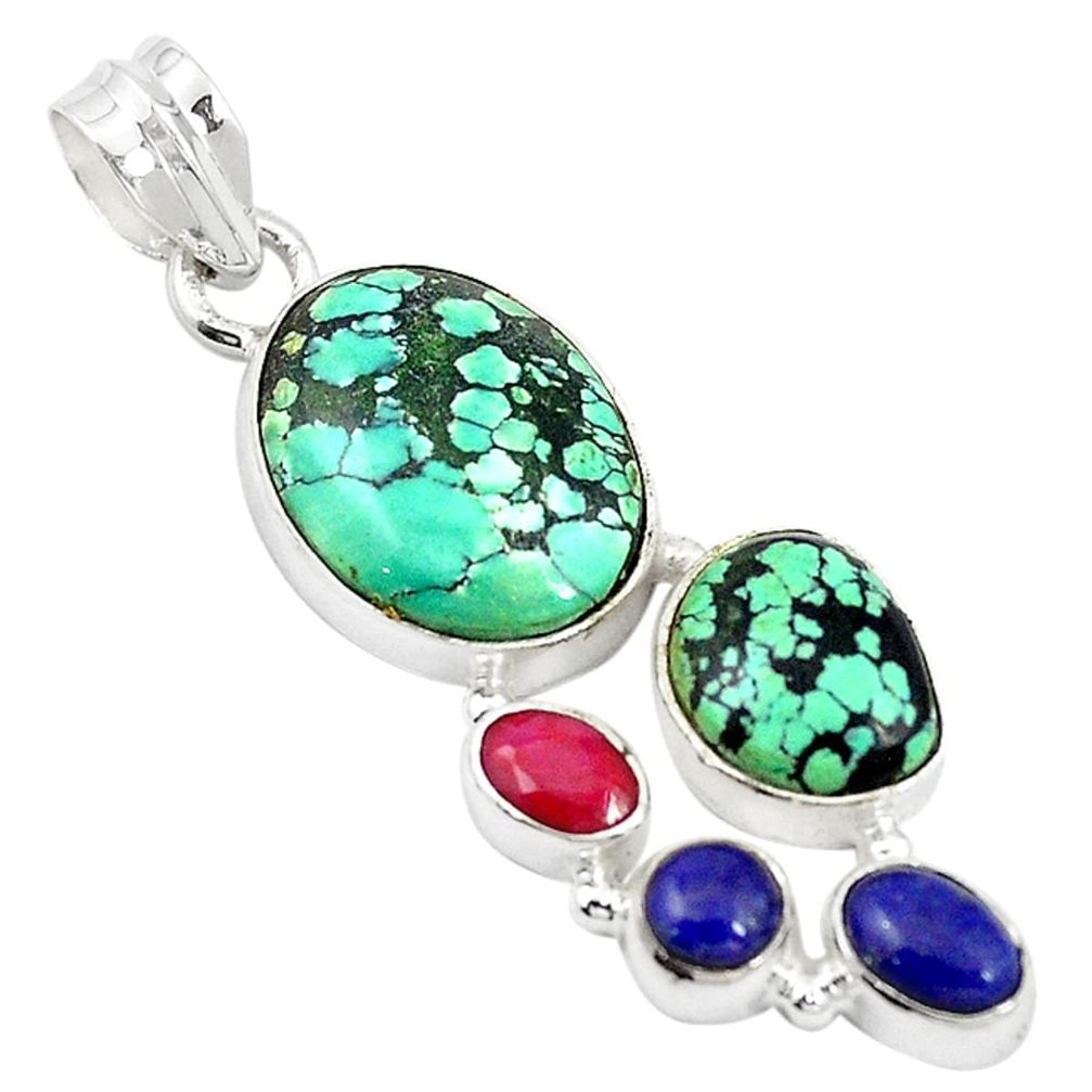 Natural green turquoise tibetan ruby lapis 925 sterling silver pendant m21570