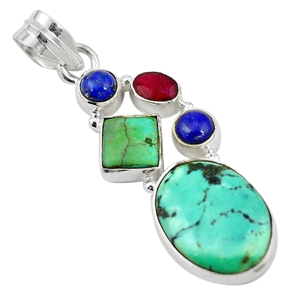 Natural green turquoise tibetan ruby lapis 925 sterling silver pendant m21581