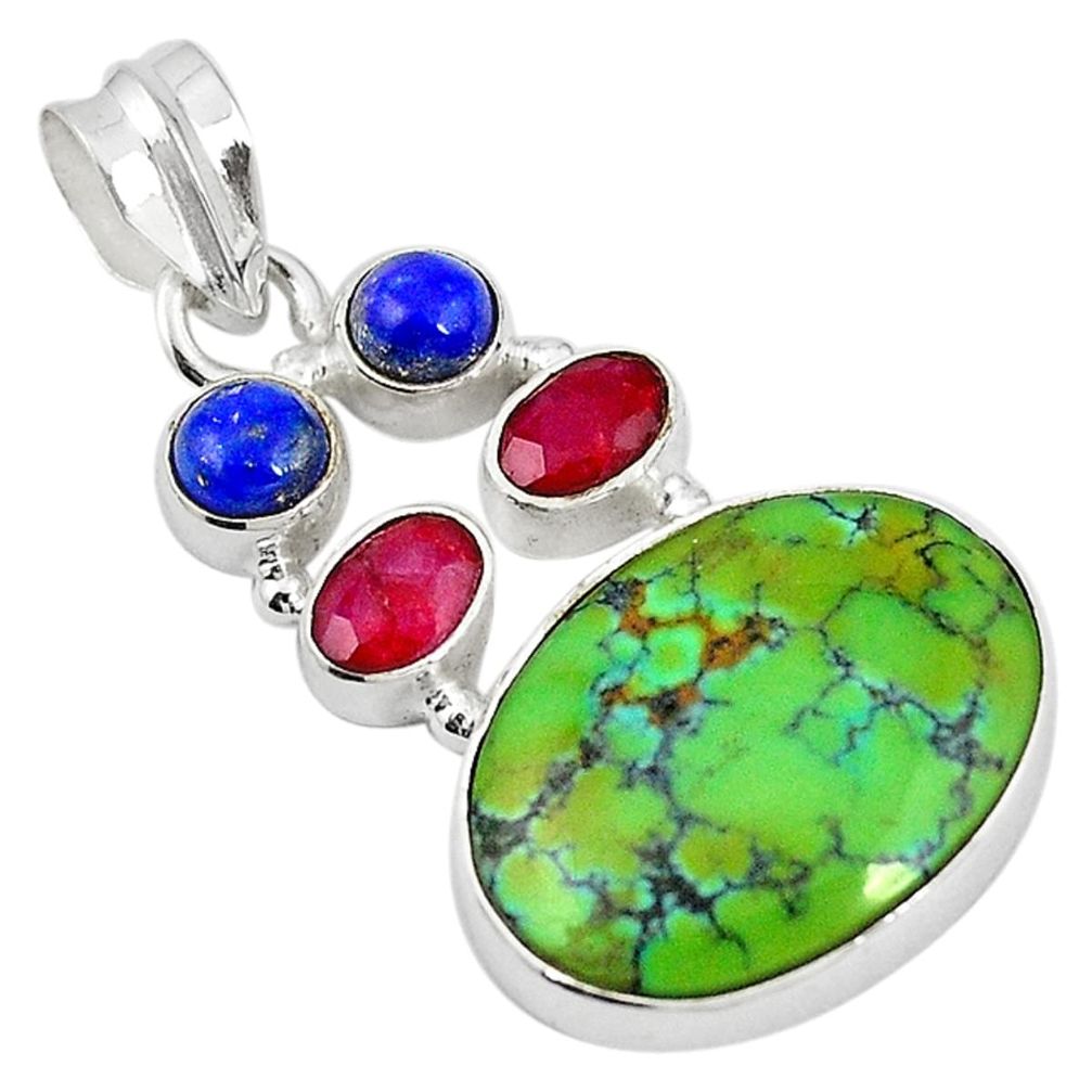925 sterling silver natural green turquoise tibetan ruby lapis pendant m21584