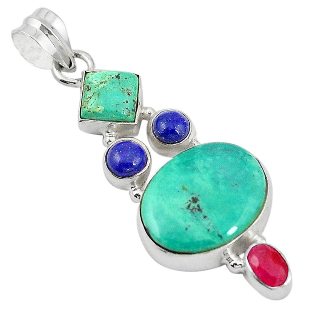 Natural green turquoise tibetan ruby lapis 925 sterling silver pendant m21592