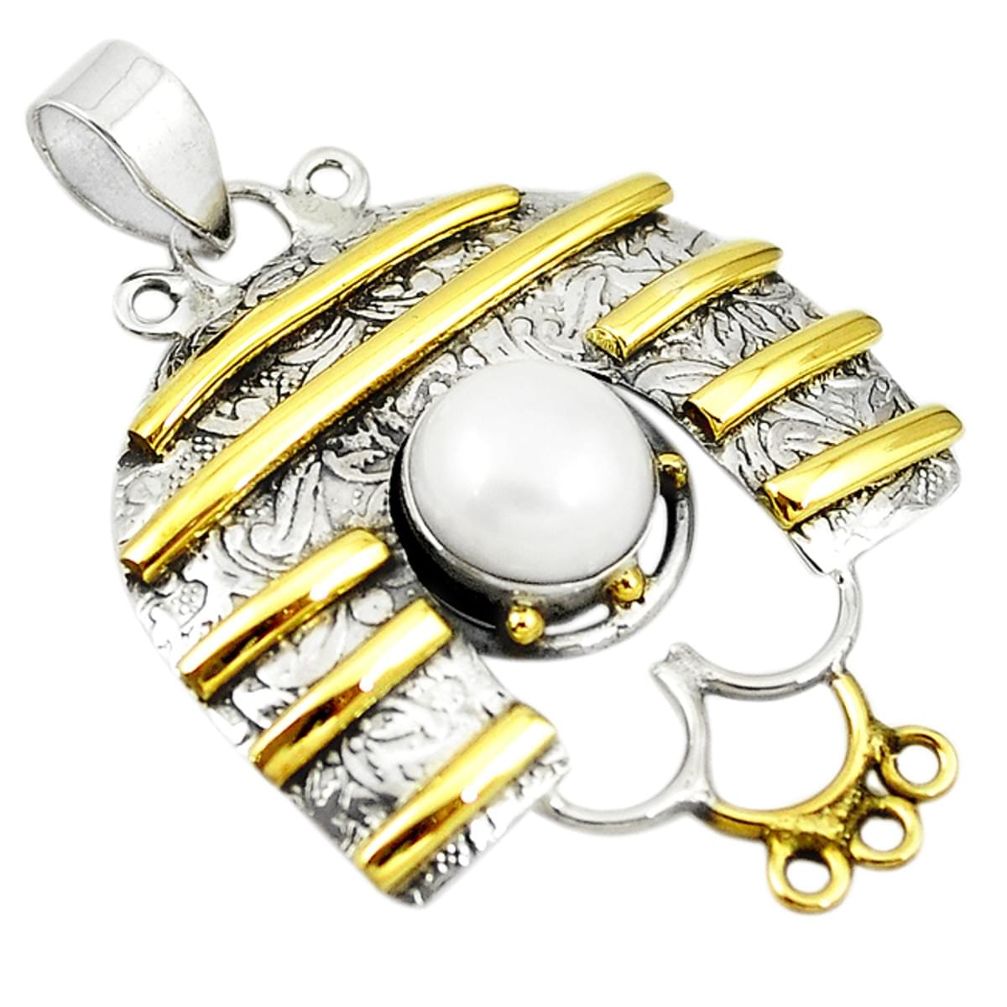 Victorian natural white pearl round 925 silver two tone pendant jewelry m21919