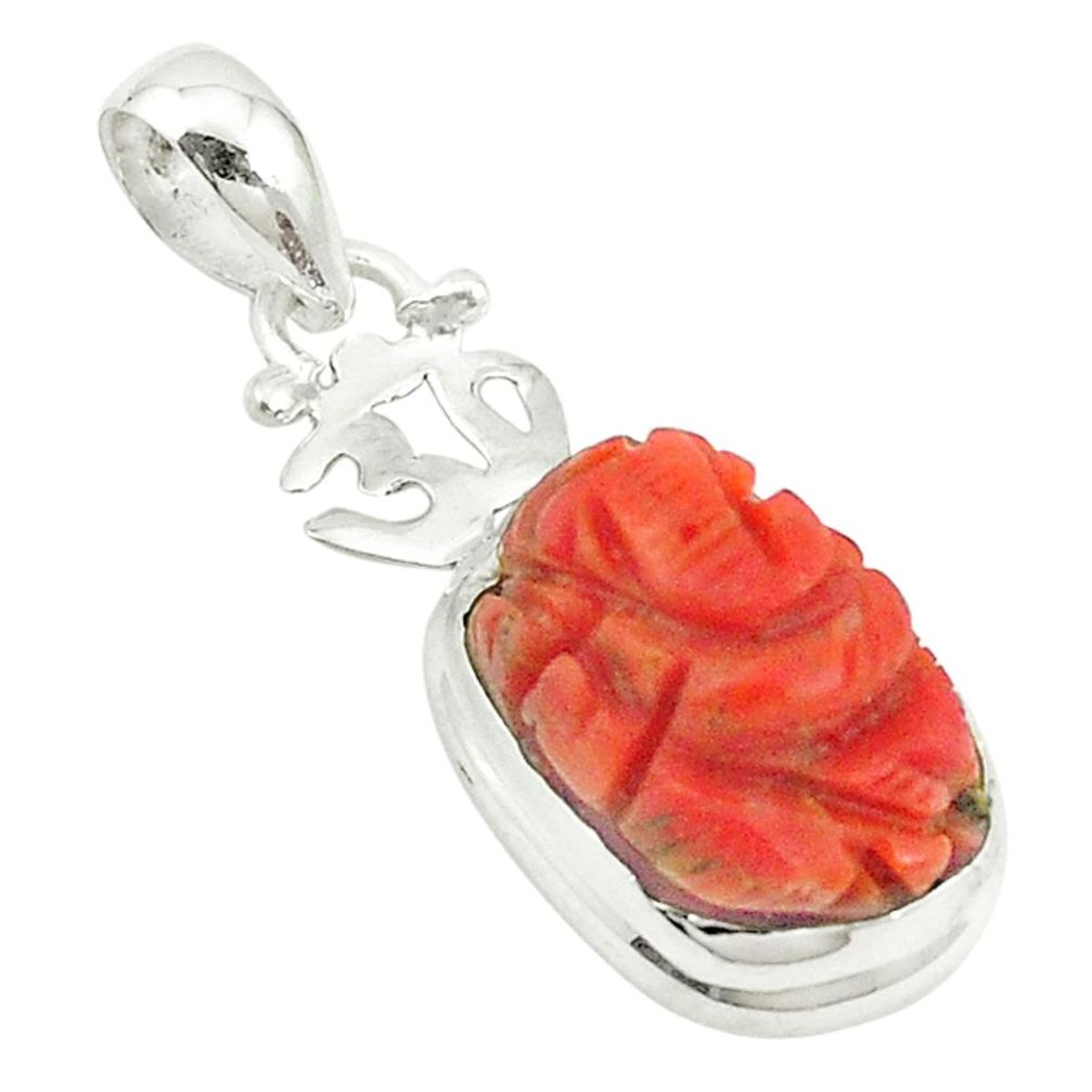Natural red coral 925 silver symbol om with lord ganesha pendant jewelry m22082