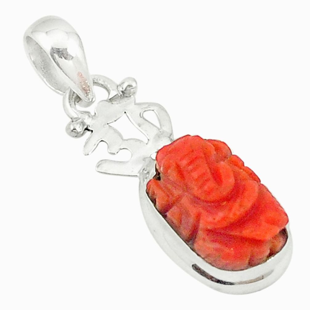 Natural red coral 925 silver symbol om with lord ganesha pendant jewelry m22083