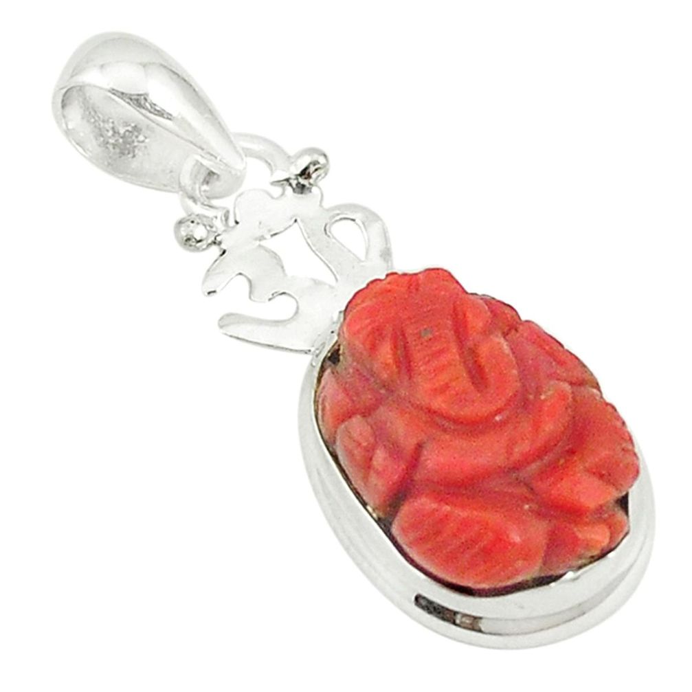 Natural red coral 925 silver symbol om with lord ganesha pendant jewelry m22085