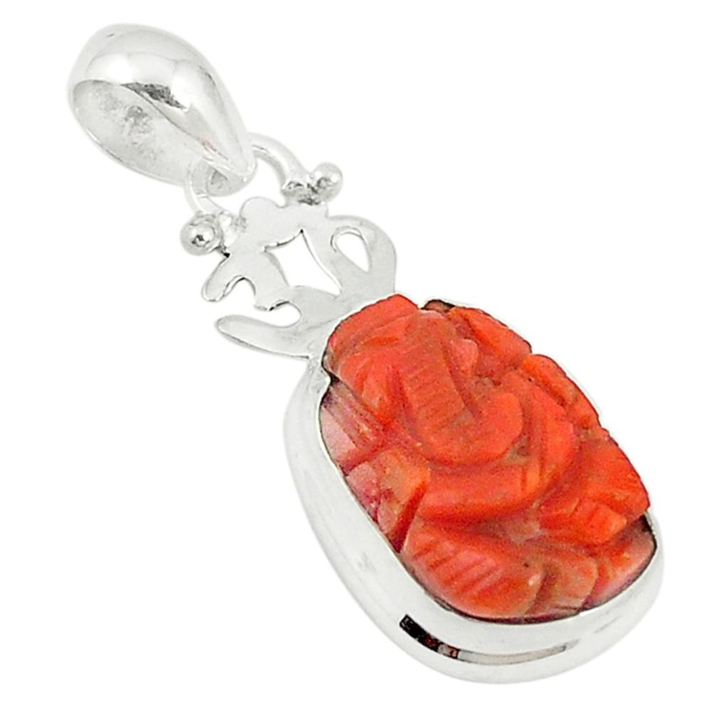 Natural red coral 925 silver symbol om with lord ganesha pendant jewelry m22087