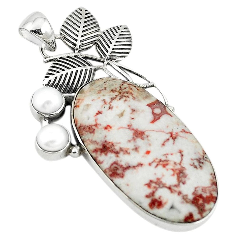 Natural pink rosetta stone jasper white pearl 925 silver pendant m22209