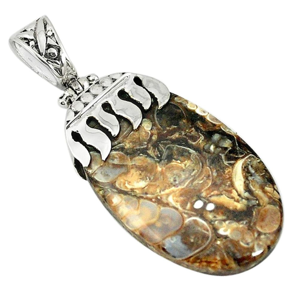 Natural brown turritella fossil snail agate 925 silver pendant jewelry m22287