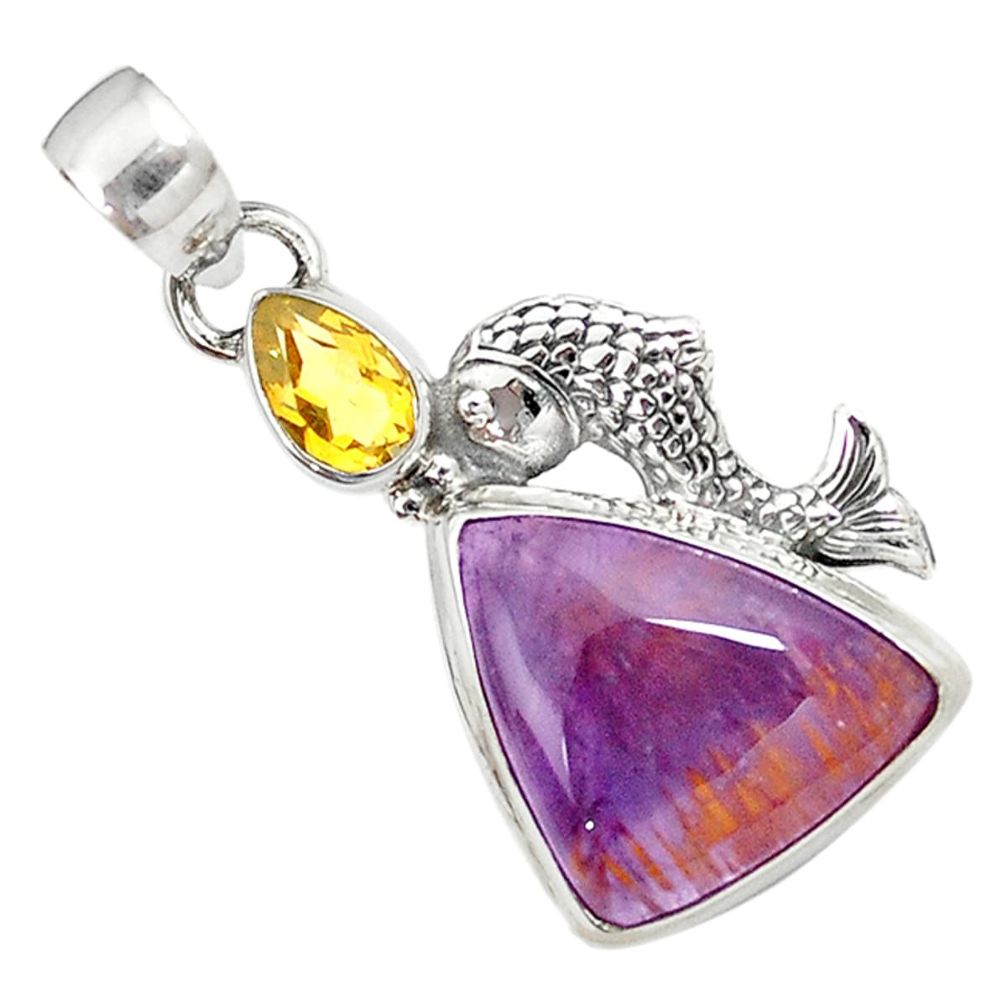 Natural purple cacoxenite super seven 925 silver fish pendant jewelry m23392