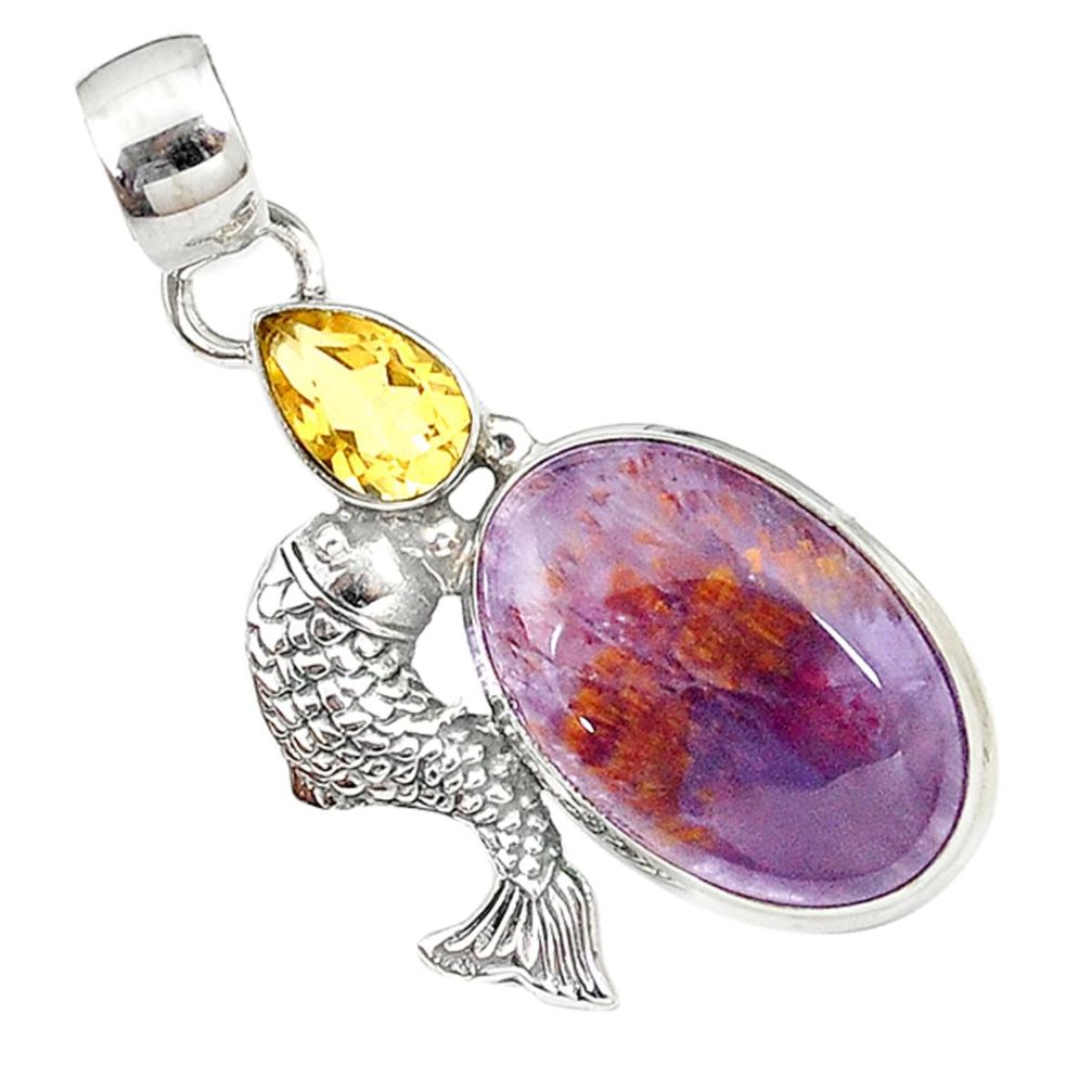 Natural purple cacoxenite super seven 925 silver fish pendant m23396