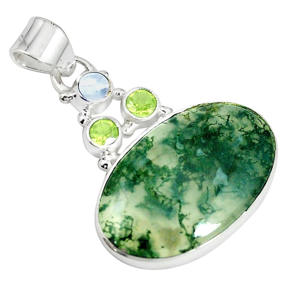 Natural green moss agate peridot 925 sterling silver pendant m24377
