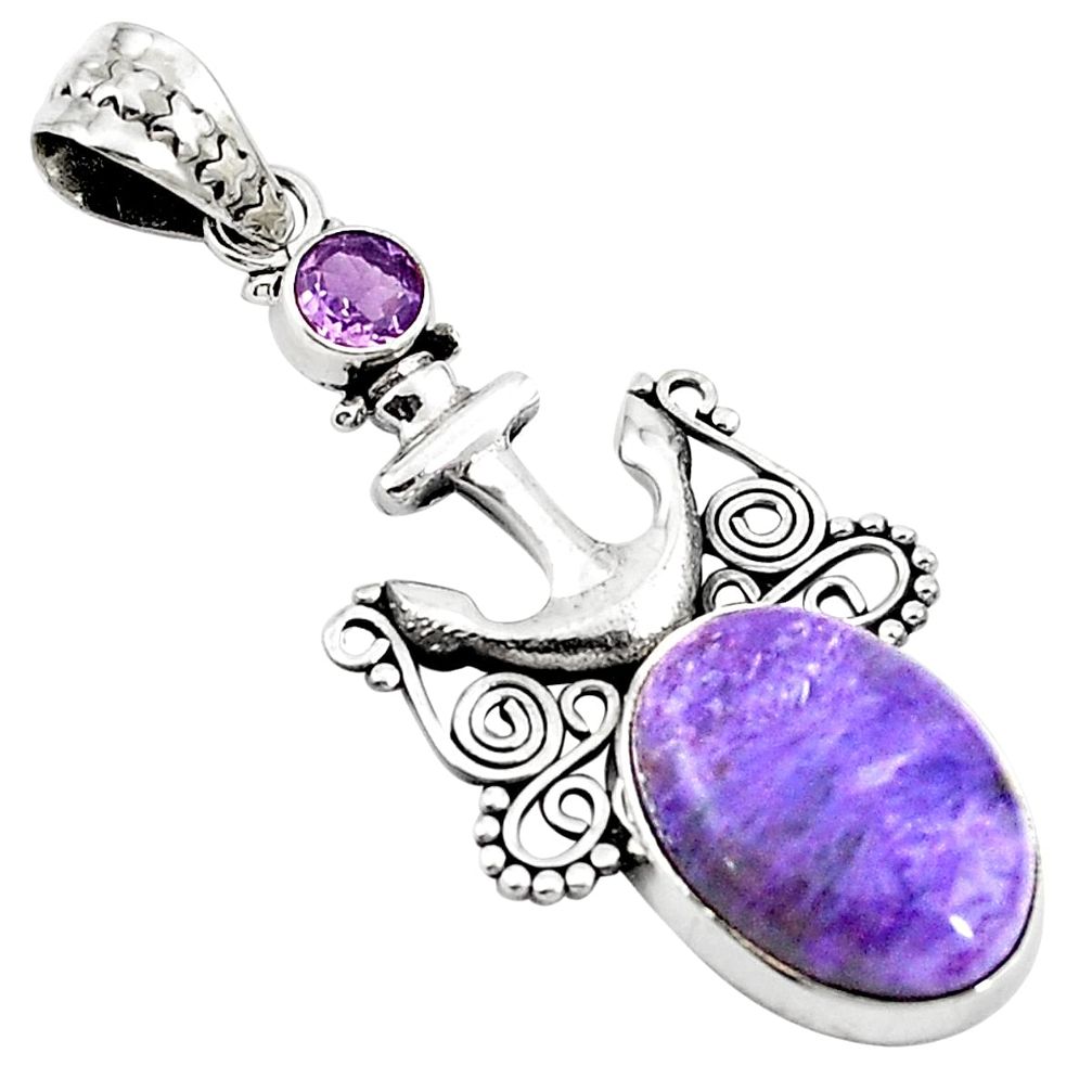 Natural purple charoite (siberian) amethyst 925 silver pendant jewelry m25367