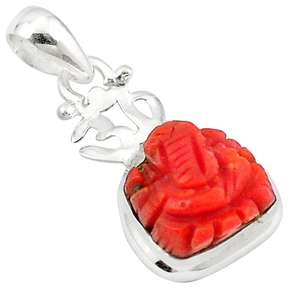 Natural red coral 925 sterling silver lord ganesha pendant jewelry m25931