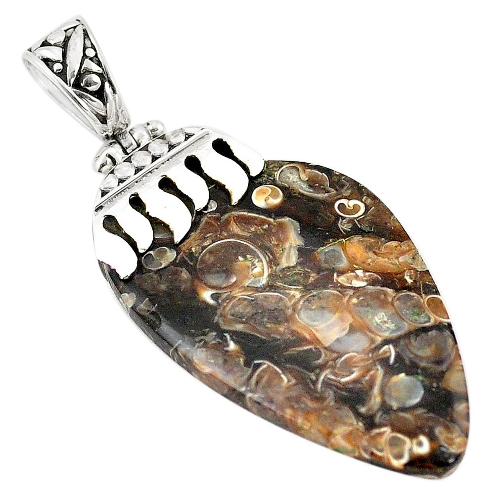 Natural brown turritella fossil snail agate 925 silver pendant jewelry m25944
